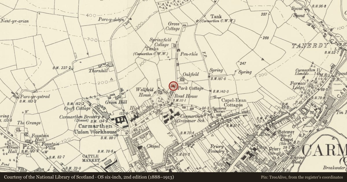 Ordnance Survey six-inch map, 2nd edition (1888–1913) covering the location of Parc Cottage, Carmarthen, Carmarthenshire, with a pin at the register's coordinates