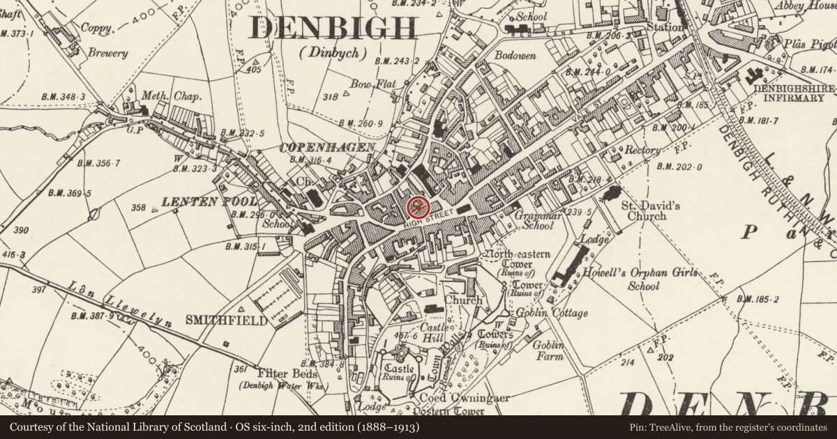 Ordnance Survey six-inch map, 2nd edition (1888–1913) covering the location of White Lion Public House, Denbigh, Denbighshire, with a pin at the register's coordinates