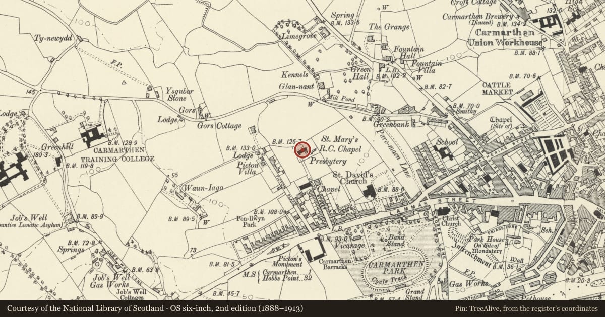 Ordnance Survey six-inch map, 2nd edition (1888–1913) covering the location of Catholic Church of St Mary, Carmarthen, Carmarthenshire, with a pin at the register's coordinates