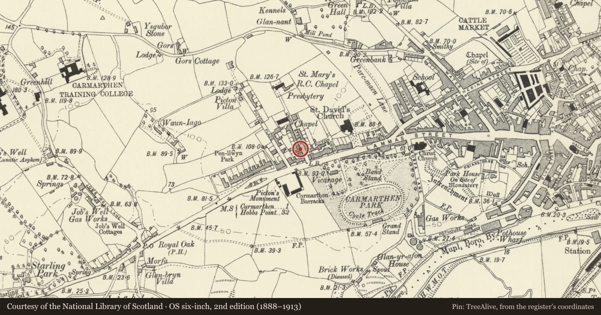 Ordnance Survey six-inch map, 2nd edition (1888–1913) covering the location of 24 Union Street, Carmarthen, Carmarthenshire, with a pin at the register's coordinates