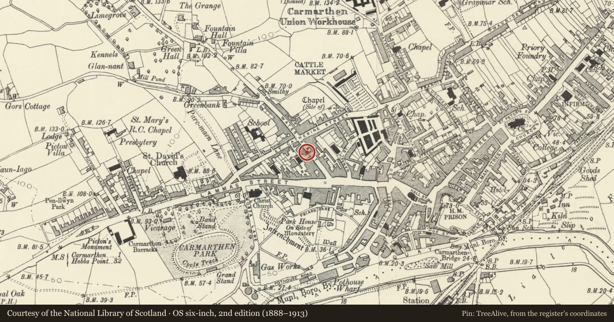 Ordnance Survey six-inch map, 2nd edition (1888–1913) covering the location of 75 Water Street, Carmarthen, Carmarthenshire, with a pin at the register's coordinates
