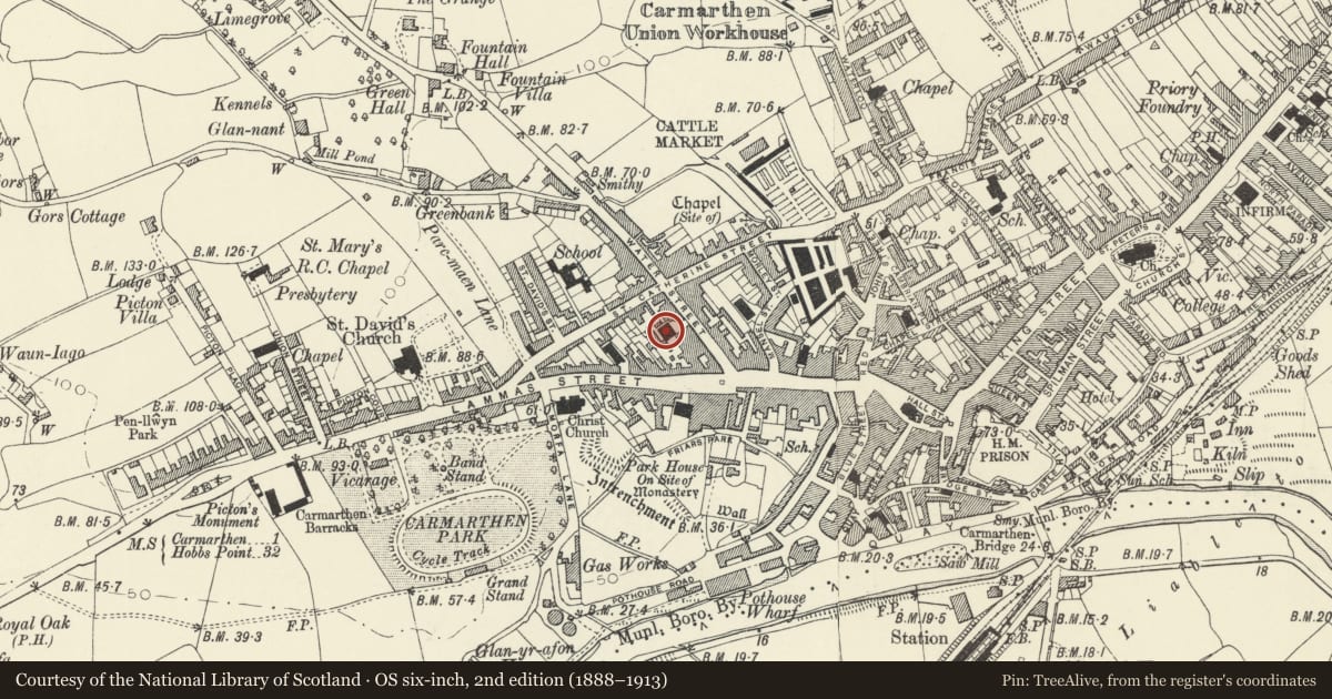 Ordnance Survey six-inch map, 2nd edition (1888–1913) covering the location of Capel Heol Dwr, Carmarthen, Carmarthenshire, with a pin at the register's coordinates