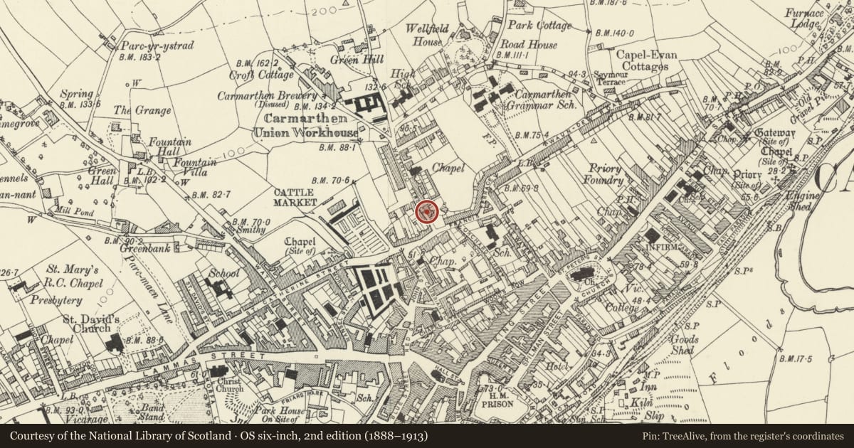 Ordnance Survey six-inch map, 2nd edition (1888–1913) covering the location of Dwarf walls, railings and gate to No 2, Carmarthen, Carmarthenshire, with a pin at the register's coordinates