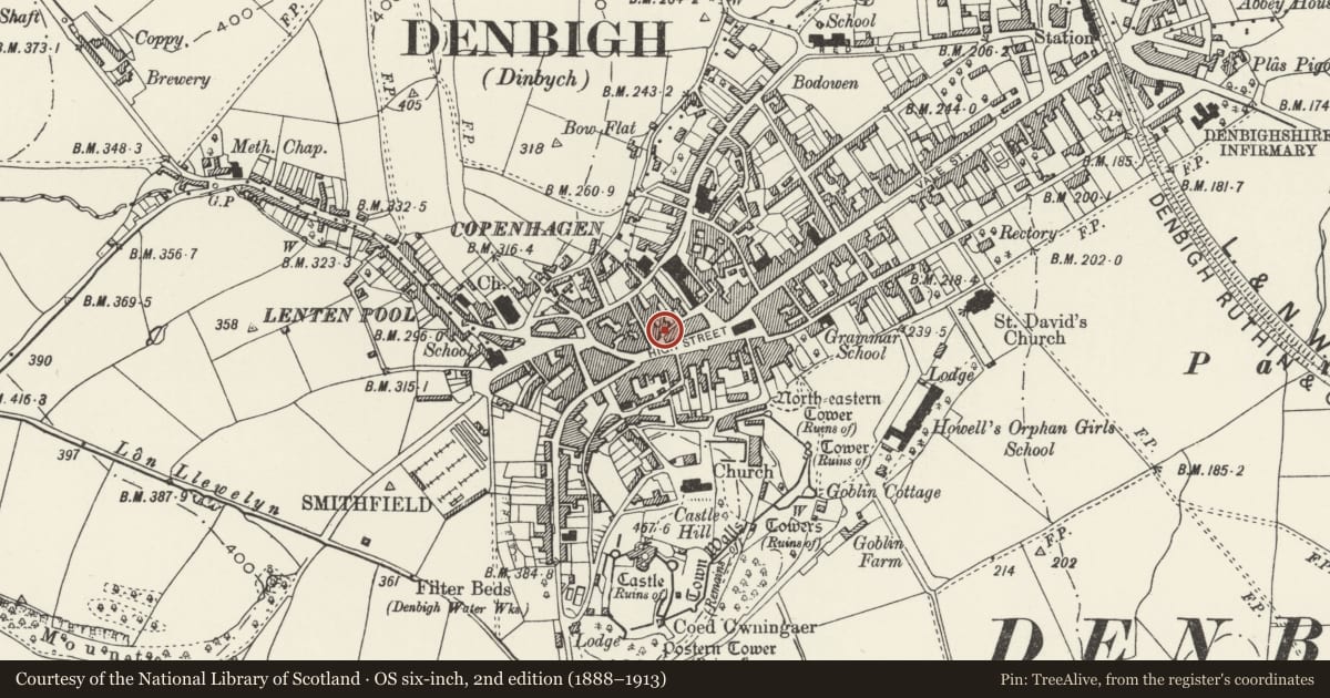 Ordnance Survey six-inch map, 2nd edition (1888–1913) covering the location of Golden Lion Public House, Denbigh, Denbighshire, with a pin at the register's coordinates