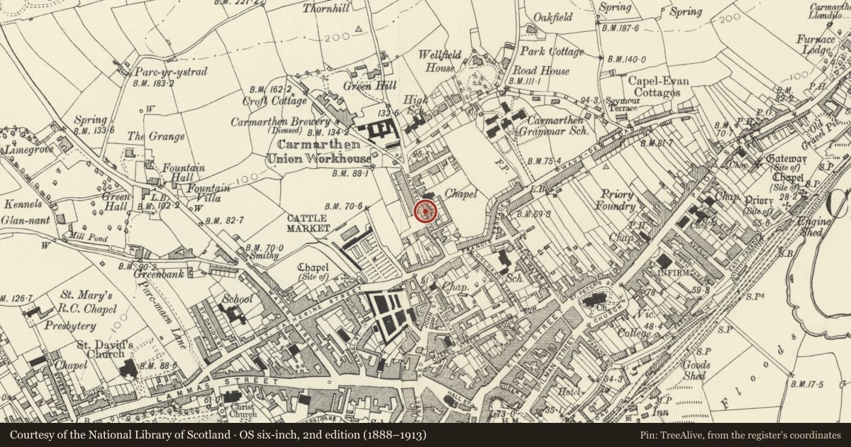 Ordnance Survey six-inch map, 2nd edition (1888–1913) covering the location of Dwarf walls, railings and gate to No 8, Carmarthen, Carmarthenshire, with a pin at the register's coordinates