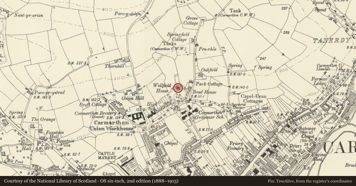 Ordnance Survey six-inch map, 2nd edition (1888–1913) covering the location of Wellfield House, Carmarthen, Carmarthenshire, with a pin at the register's coordinates