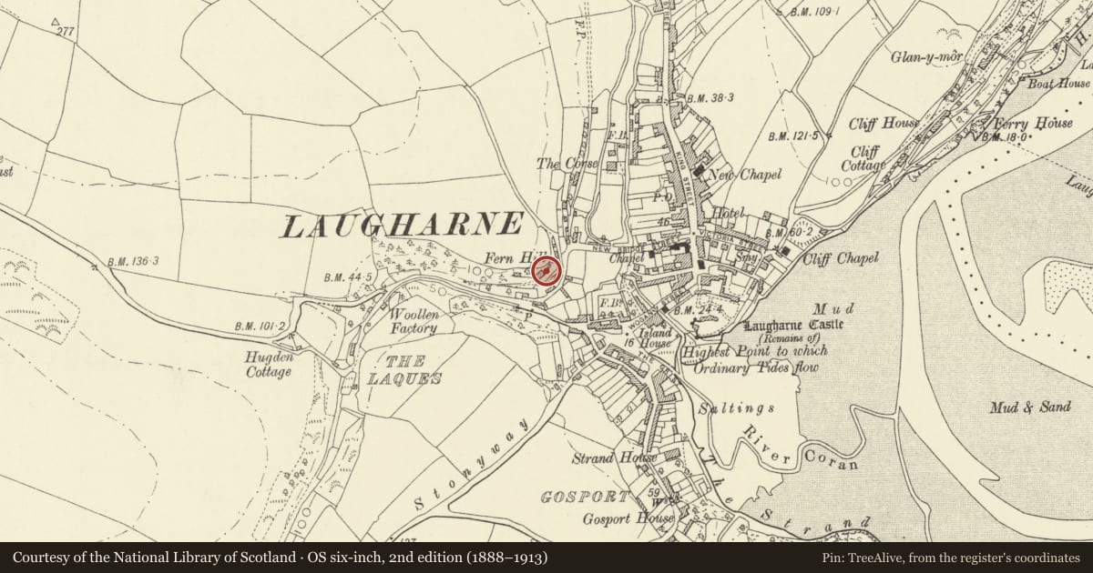 Ordnance Survey six-inch map, 2nd edition (1888–1913) covering the location of Fen Hill, The Butts, Laugharne Township, Carmarthenshire, with a pin at the register's coordinates