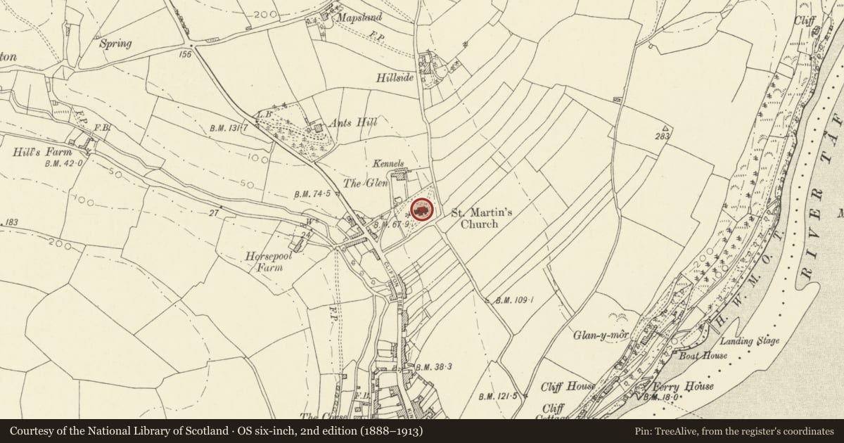 Ordnance Survey six-inch map, 2nd edition (1888–1913) covering the location of Parish Church of St. Martin, Laugharne Township, Carmarthenshire, with a pin at the register's coordinates