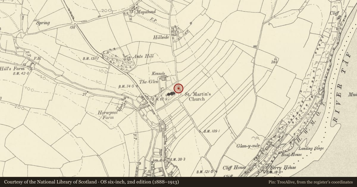 Ordnance Survey six-inch map, 2nd edition (1888–1913) covering the location of Churchyard at St. Martin's Parish, Laugharne Township, Carmarthenshire, with a pin at the register's coordinates