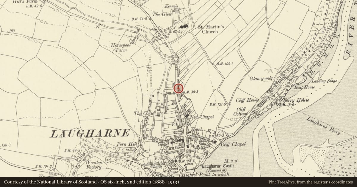 Ordnance Survey six-inch map, 2nd edition (1888–1913) covering the location of Clifton House, Laugharne Township, Carmarthenshire, with a pin at the register's coordinates