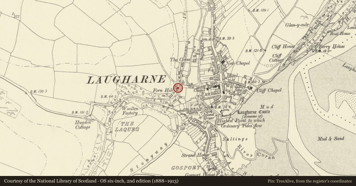 Ordnance Survey six-inch map, 2nd edition (1888–1913) covering the location of Fernhill cottage, Laugharne Township, Carmarthenshire, with a pin at the register's coordinates