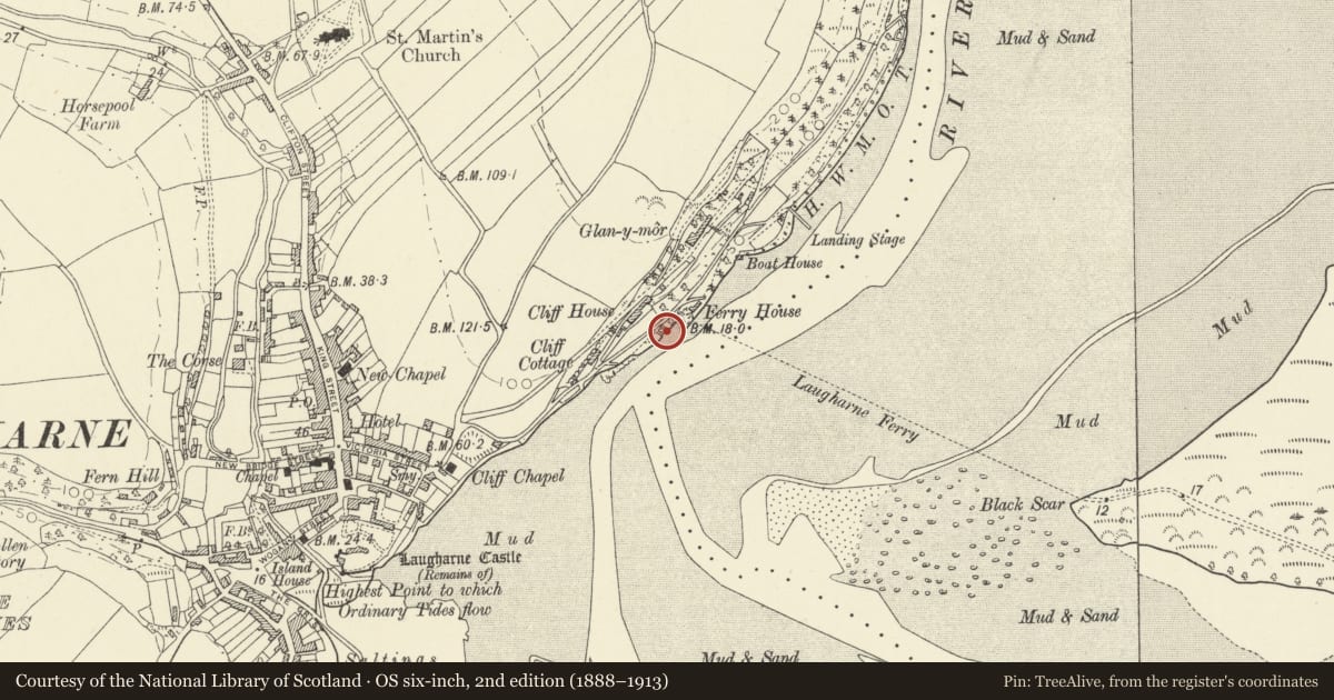 Ordnance Survey six-inch map, 2nd edition (1888–1913) covering the location of The Boat House, Laugharne Township, Carmarthenshire, with a pin at the register's coordinates