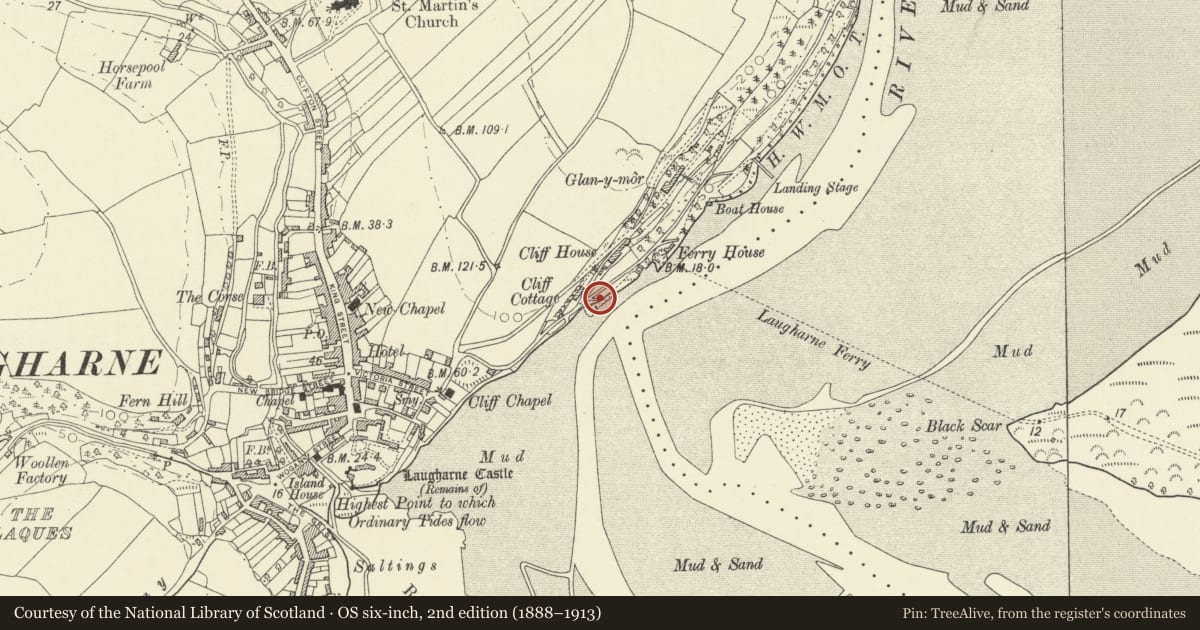 Ordnance Survey six-inch map, 2nd edition (1888–1913) covering the location of Dylan Thomas's tool-shed Study, Laugharne Township, Carmarthenshire, with a pin at the register's coordinates