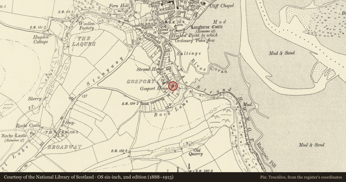 Ordnance Survey six-inch map, 2nd edition (1888–1913) covering the location of Gosport House, Laugharne Township, Carmarthenshire, with a pin at the register's coordinates