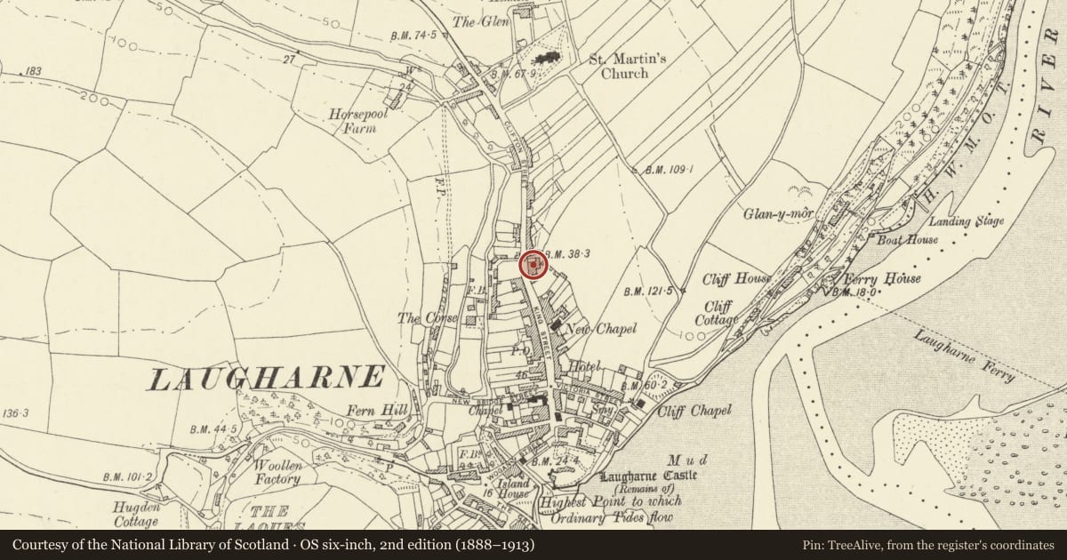 Ordnance Survey six-inch map, 2nd edition (1888–1913) covering the location of The Limes, Laugharne Township, Carmarthenshire, with a pin at the register's coordinates