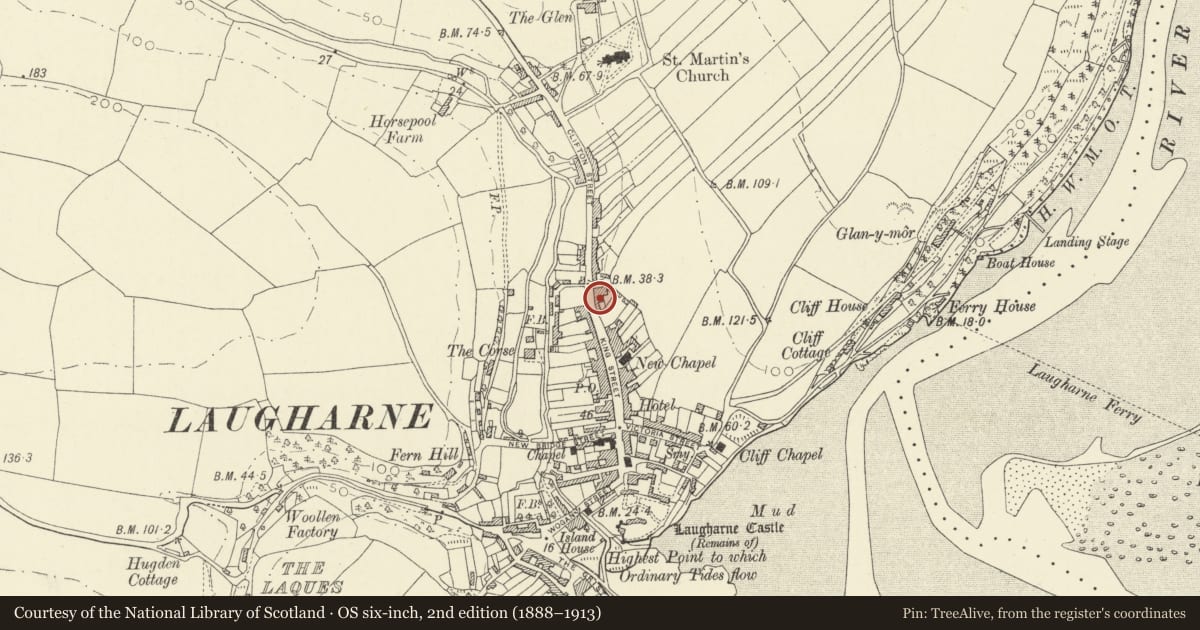 Ordnance Survey six-inch map, 2nd edition (1888–1913) covering the location of Moir House, Laugharne Township, Carmarthenshire, with a pin at the register's coordinates