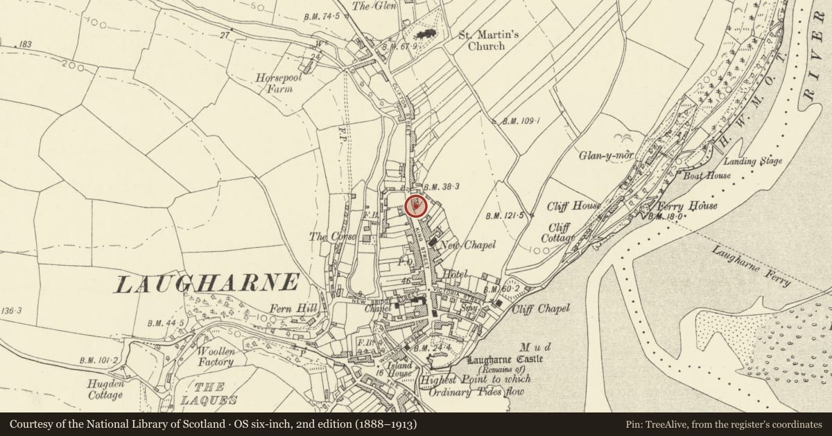 Ordnance Survey six-inch map, 2nd edition (1888–1913) covering the location of Rosetta, Laugharne Township, Carmarthenshire, with a pin at the register's coordinates