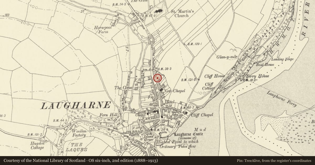 Ordnance Survey six-inch map, 2nd edition (1888–1913) covering the location of Dragon Park, Laugharne Township, Carmarthenshire, with a pin at the register's coordinates