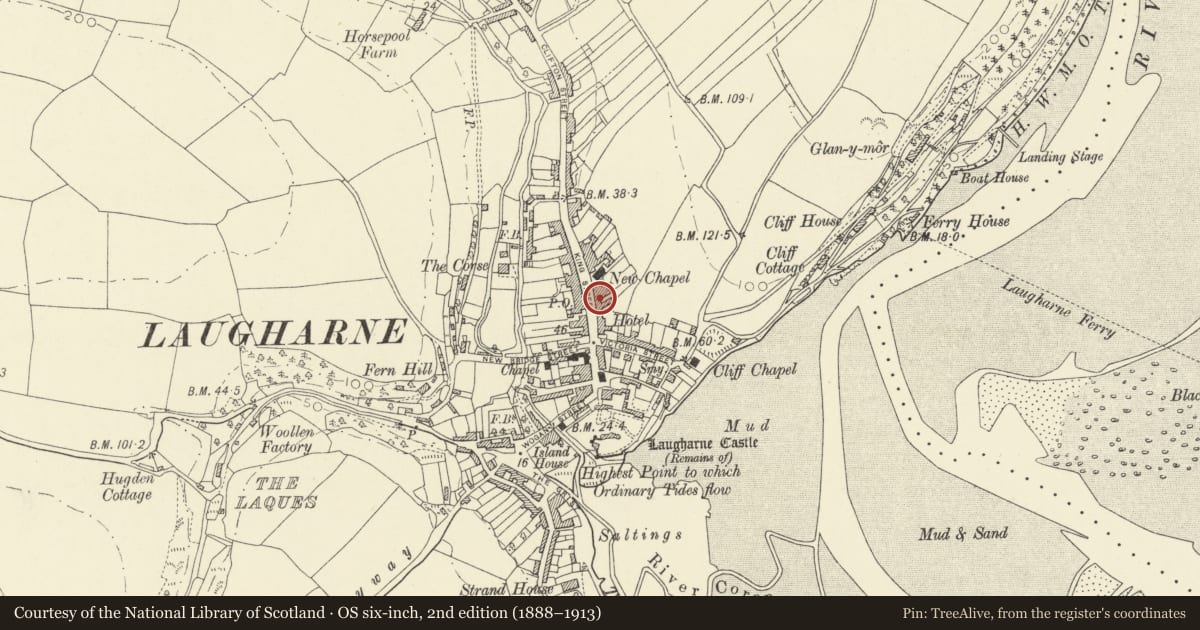 Ordnance Survey six-inch map, 2nd edition (1888–1913) covering the location of The Pines including Oriel Evans Bookshop, Laugharne Township, Carmarthenshire, with a pin at the register's coordinates