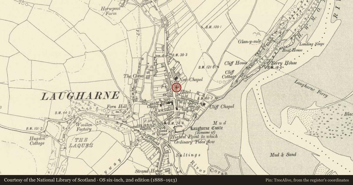 Ordnance Survey six-inch map, 2nd edition (1888–1913) covering the location of Elm House, Laugharne Township, Carmarthenshire, with a pin at the register's coordinates