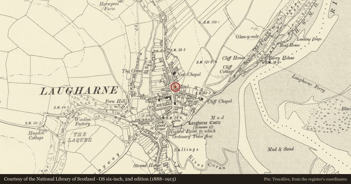 Ordnance Survey six-inch map, 2nd edition (1888–1913) covering the location of Brown's Hotel, Laugharne Township, Carmarthenshire, with a pin at the register's coordinates
