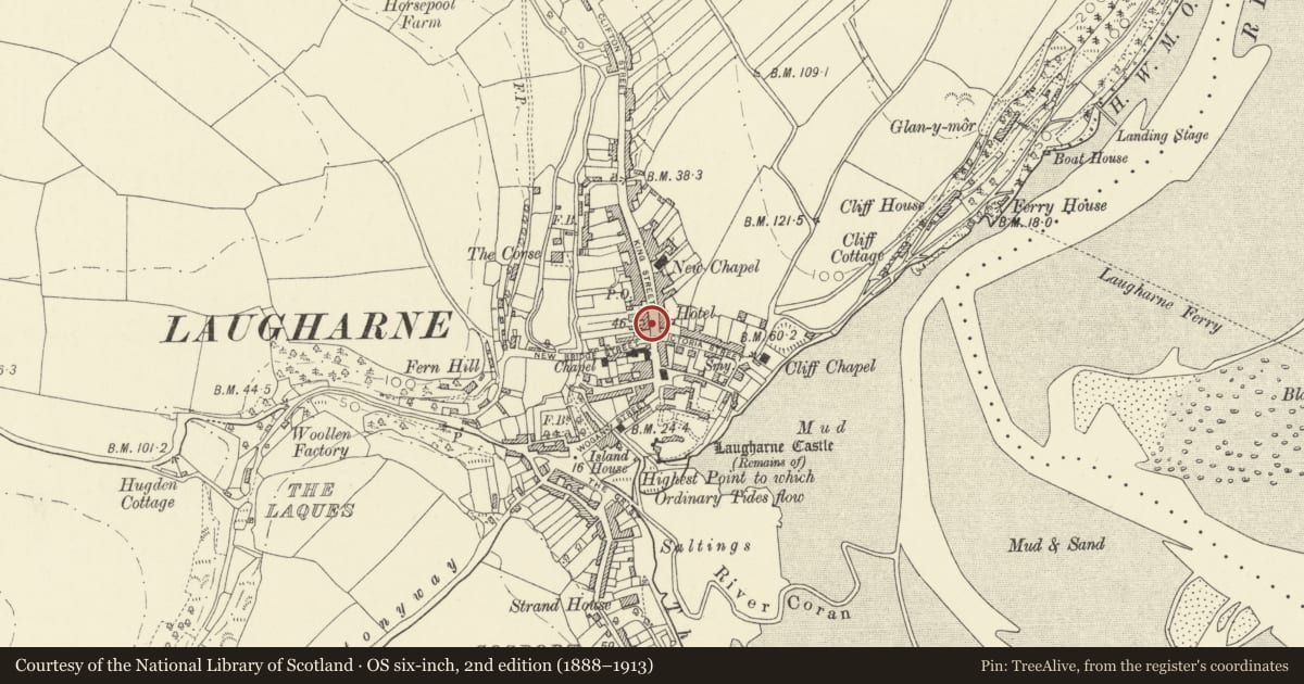 Ordnance Survey six-inch map, 2nd edition (1888–1913) covering the location of Corran Books (Formerly The Ship & Castle PH), Laugharne Township, Carmarthenshire, with a pin at the register's coordinates
