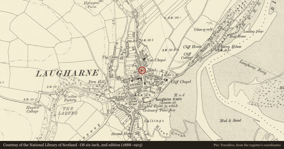 Ordnance Survey six-inch map, 2nd edition (1888–1913) covering the location of Manse, Laugharne Township, Carmarthenshire, with a pin at the register's coordinates