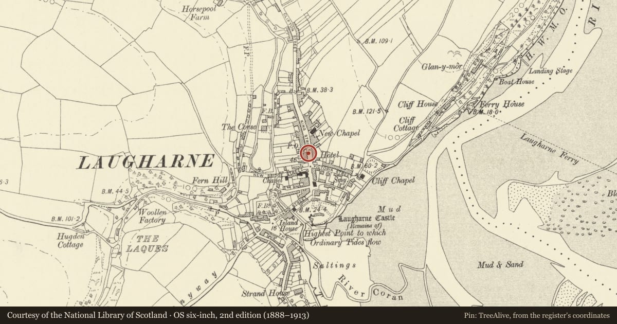 Ordnance Survey six-inch map, 2nd edition (1888–1913) covering the location of Pelican, Laugharne Township, Carmarthenshire, with a pin at the register's coordinates