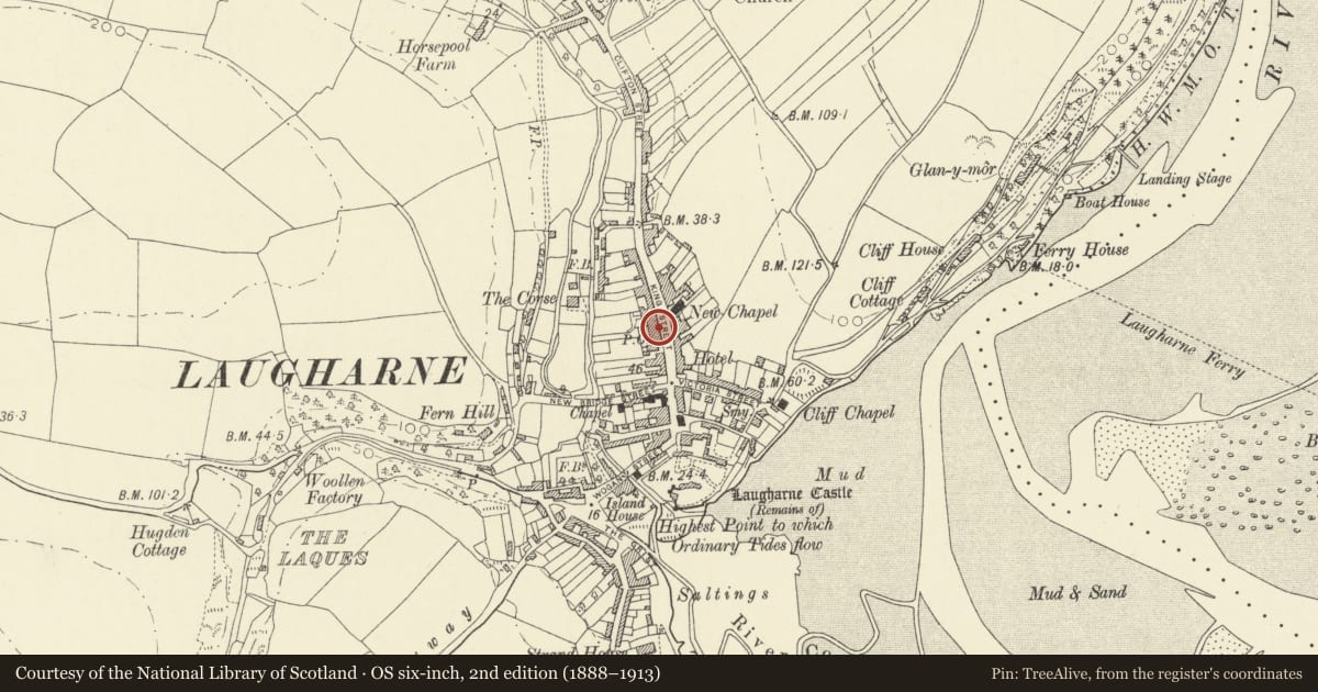 Ordnance Survey six-inch map, 2nd edition (1888–1913) covering the location of Gainsford House, Laugharne Township, Carmarthenshire, with a pin at the register's coordinates