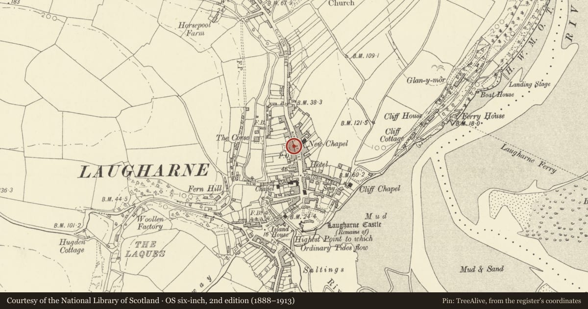 Ordnance Survey six-inch map, 2nd edition (1888–1913) covering the location of Osbourne House, Laugharne Township, Carmarthenshire, with a pin at the register's coordinates