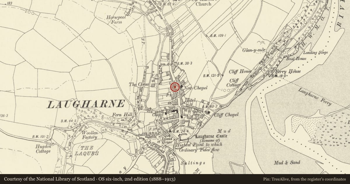Ordnance Survey six-inch map, 2nd edition (1888–1913) covering the location of Minerva, Laugharne Township, Carmarthenshire, with a pin at the register's coordinates
