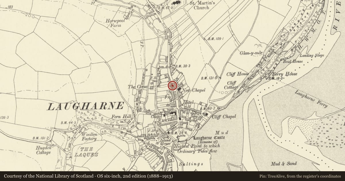 Ordnance Survey six-inch map, 2nd edition (1888–1913) covering the location of Grove House, Laugharne Township, Carmarthenshire, with a pin at the register's coordinates