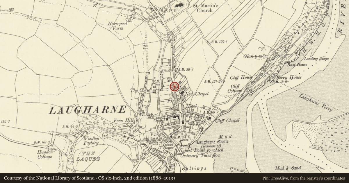 Ordnance Survey six-inch map, 2nd edition (1888–1913) covering the location of Abercoran House, Laugharne Township, Carmarthenshire, with a pin at the register's coordinates