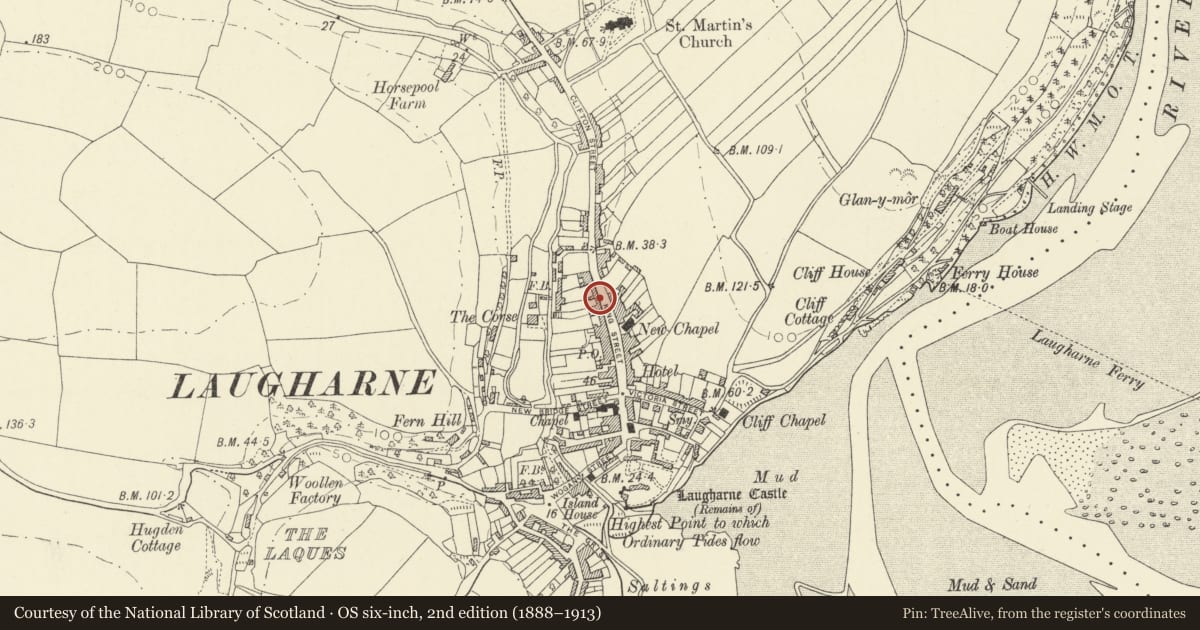 Ordnance Survey six-inch map, 2nd edition (1888–1913) covering the location of Temperance House, Laugharne Township, Carmarthenshire, with a pin at the register's coordinates