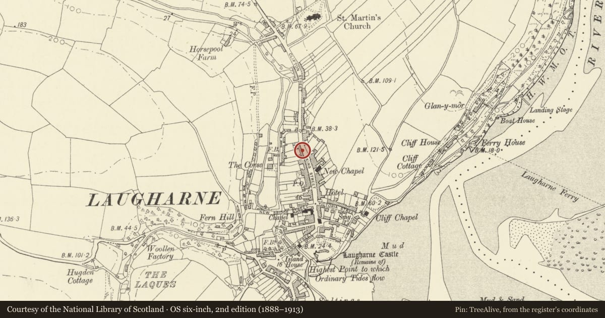 Ordnance Survey six-inch map, 2nd edition (1888–1913) covering the location of Vicarage, Laugharne Township, Carmarthenshire, with a pin at the register's coordinates