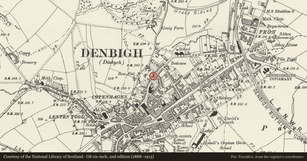 Ordnance Survey six-inch map, 2nd edition (1888–1913) covering the location of Bryn Disgwylfa, Denbigh, Denbighshire, with a pin at the register's coordinates