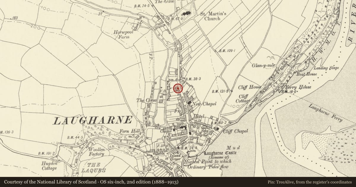 Ordnance Survey six-inch map, 2nd edition (1888–1913) covering the location of Great House, Laugharne Township, Carmarthenshire, with a pin at the register's coordinates