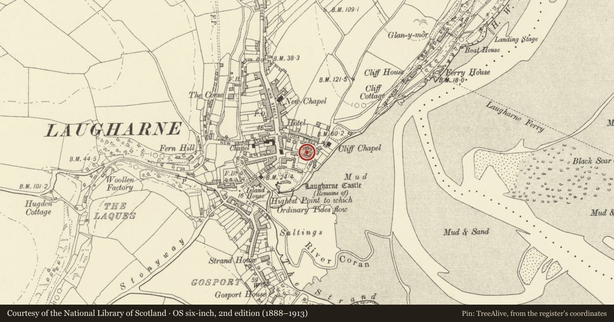 Ordnance Survey six-inch map, 2nd edition (1888–1913) covering the location of Sea View, Laugharne Township, Carmarthenshire, with a pin at the register's coordinates