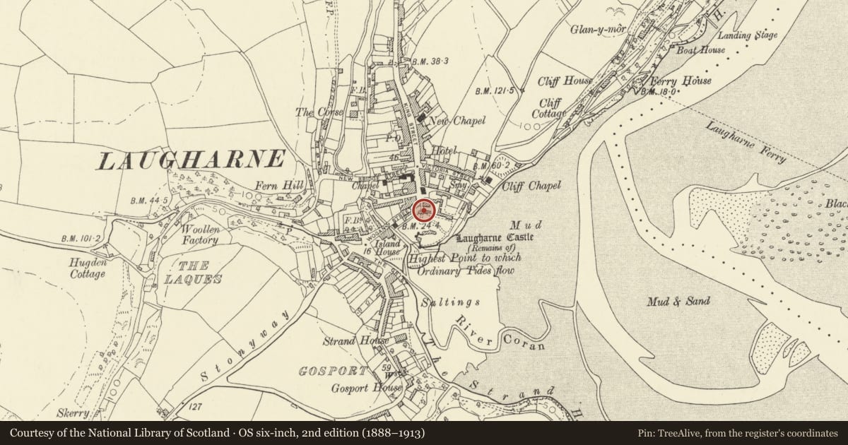 Ordnance Survey six-inch map, 2nd edition (1888–1913) covering the location of Outer Gatehouse to Laugharne Castle, Laugharne Township, Carmarthenshire, with a pin at the register's coordinates