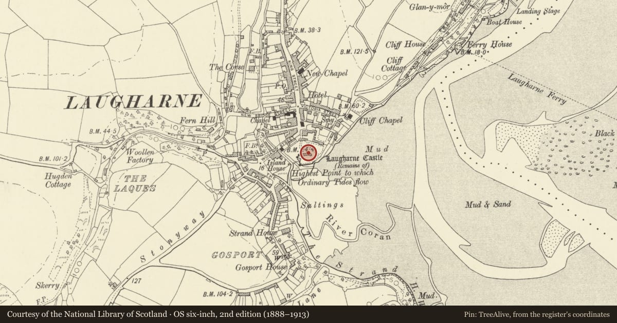 Ordnance Survey six-inch map, 2nd edition (1888–1913) covering the location of Laugharne Castle, Laugharne Township, Carmarthenshire, with a pin at the register's coordinates