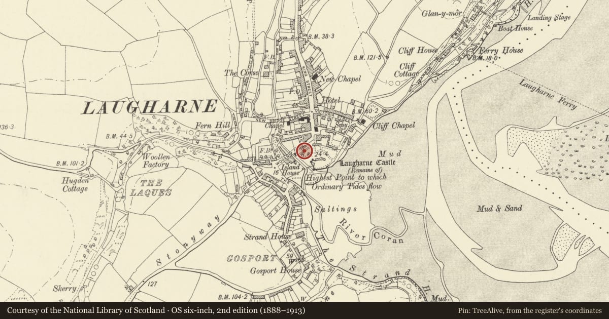 Ordnance Survey six-inch map, 2nd edition (1888–1913) covering the location of Section of boundry walls around Castle grounds running SW.from outer Gatehouse, Laugharne Township, Carmarthenshire, with a pin at the register's coordinates