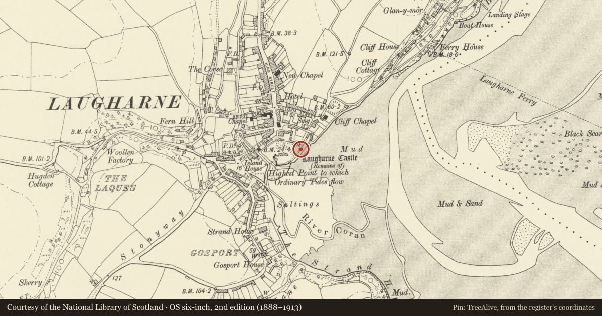 Ordnance Survey six-inch map, 2nd edition (1888–1913) covering the location of Section of Boundry Walls around Castle grounds running E from outer Gatehouse, Laugharne Township, Carmarthenshire, with a pin at the register's coordinates