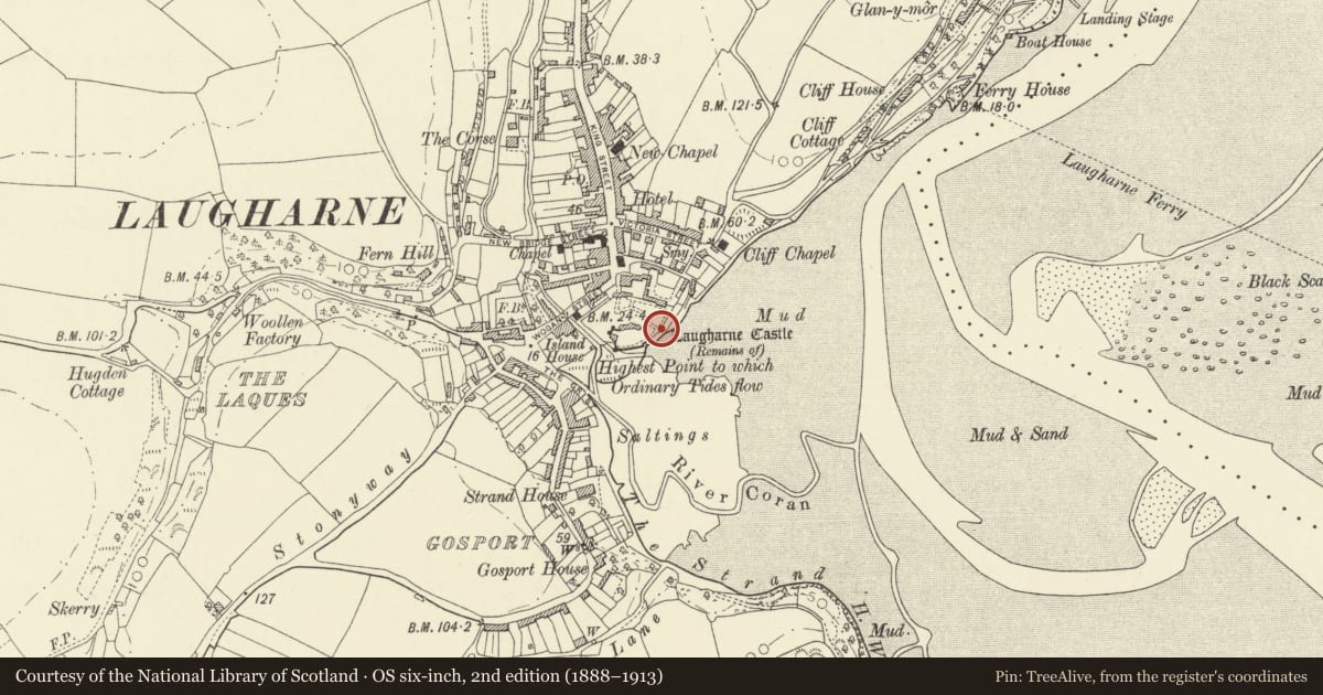 Ordnance Survey six-inch map, 2nd edition (1888–1913) covering the location of Gazebo in grounds of Laugharne Castle, Laugharne Township, Carmarthenshire, with a pin at the register's coordinates