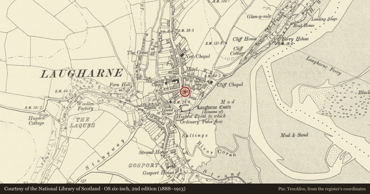 Ordnance Survey six-inch map, 2nd edition (1888–1913) covering the location of Castle House, Laugharne Township, Carmarthenshire, with a pin at the register's coordinates