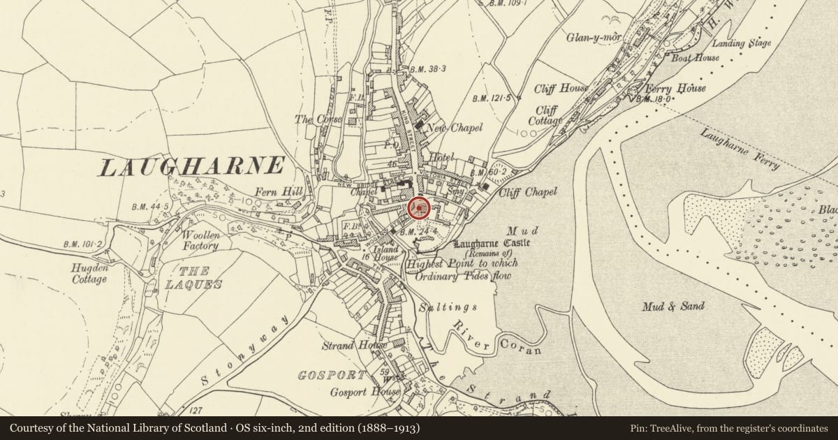 Ordnance Survey six-inch map, 2nd edition (1888–1913) covering the location of Boundry Wall to W of Castle House, including gated entrance, Laugharne Township, Carmarthenshire, with a pin at the register's coordinates