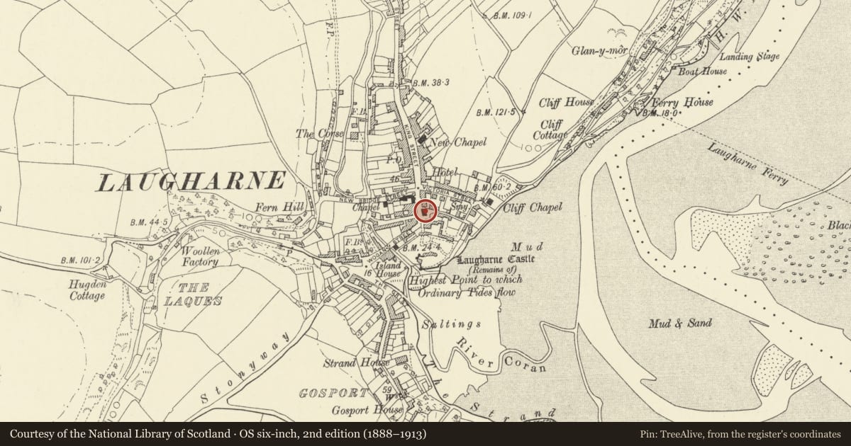 Ordnance Survey six-inch map, 2nd edition (1888–1913) covering the location of Town Hall, Laugharne Township, Carmarthenshire, with a pin at the register's coordinates