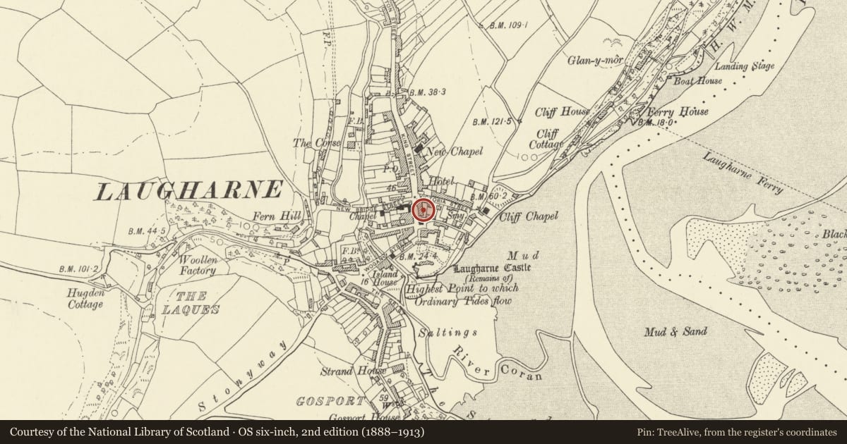 Ordnance Survey six-inch map, 2nd edition (1888–1913) covering the location of 2 Market Street, Laugharne Township, Carmarthenshire, with a pin at the register's coordinates