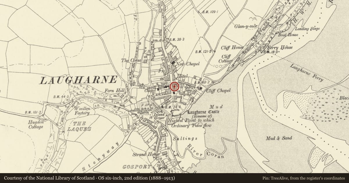 Ordnance Survey six-inch map, 2nd edition (1888–1913) covering the location of 3 Market Street, Laugharne Township, Carmarthenshire, with a pin at the register's coordinates