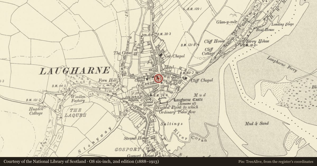 Ordnance Survey six-inch map, 2nd edition (1888–1913) covering the location of Manchester House, Laugharne Township, Carmarthenshire, with a pin at the register's coordinates