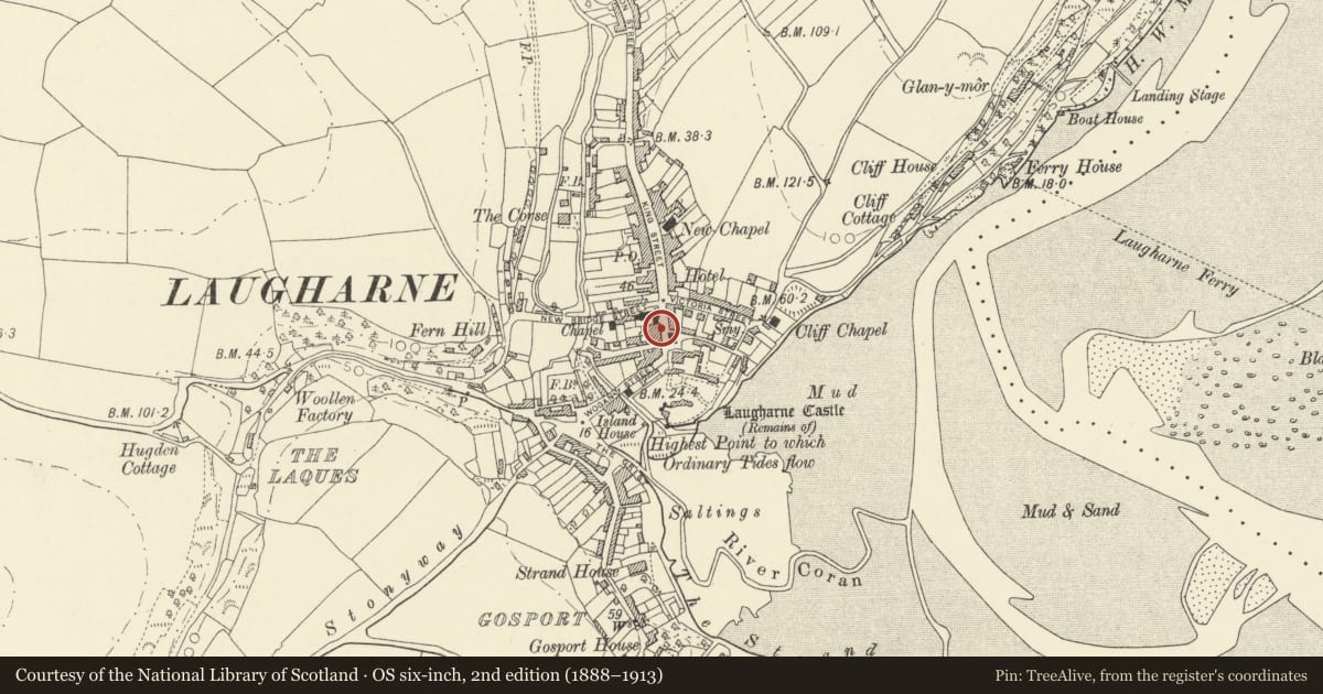 Ordnance Survey six-inch map, 2nd edition (1888–1913) covering the location of Gwalia, Laugharne Township, Carmarthenshire, with a pin at the register's coordinates